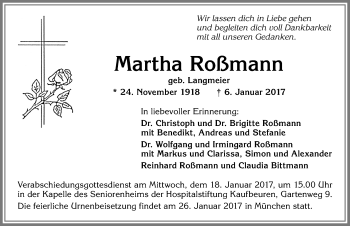 Traueranzeige von Martha Roßmann von Allgäuer Zeitung, Kaufbeuren/Buchloe