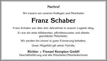 Traueranzeige von Franz Schaber von Allgäuer Zeitung,Kempten