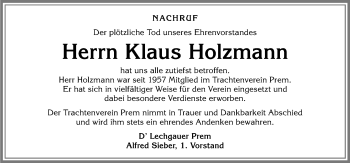 Traueranzeige von Klaus Holzmann von Allgäuer Zeitung, Füssen