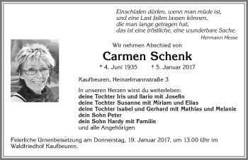 Traueranzeige von Carmen Schenk von Allgäuer Zeitung, Kaufbeuren/Buchloe