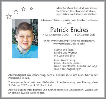 Traueranzeige von Patrick Endres von Memminger Zeitung