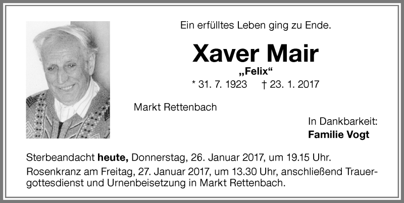  Traueranzeige für Xaver Mair vom 26.01.2017 aus Memminger Zeitung