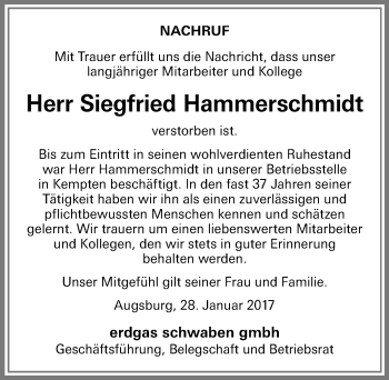Traueranzeige von Siegfried Hammerschmidt von Allgäuer Zeitung,Kempten