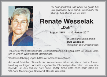 Traueranzeige von Renate Wesselak von Memminger Zeitung