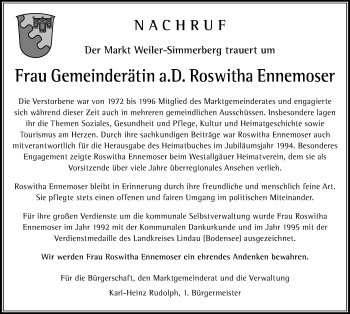Traueranzeige von Roswitha Ennemoser von Der Westallgäuer