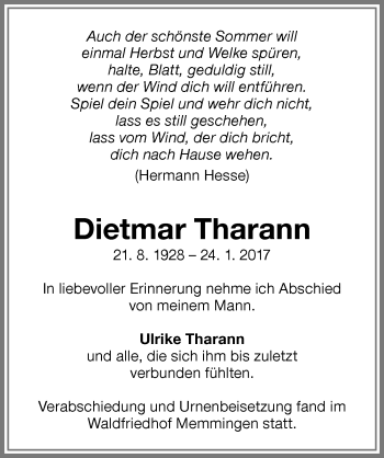 Traueranzeige von Dietmar Tharann von Memminger Zeitung