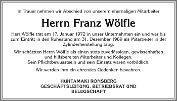 Traueranzeige von Franz Wölfle von Allgäuer Zeitung, Marktoberdorf