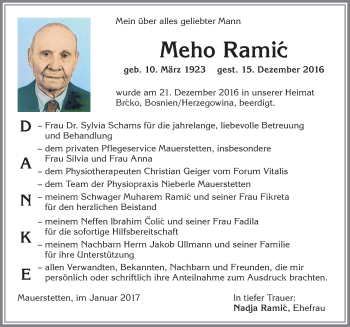 Traueranzeige von Meho Ramic von Allgäuer Zeitung, Kaufbeuren/Buchloe