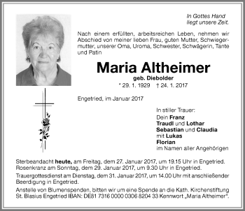 Traueranzeige von Maria Altheimer von Memminger Zeitung