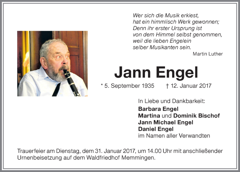  Traueranzeige für Jann Engel vom 25.01.2017 aus Memminger Zeitung