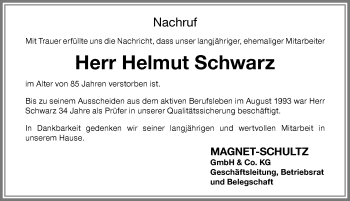 Traueranzeige von Helmut Schwarz von Memminger Zeitung