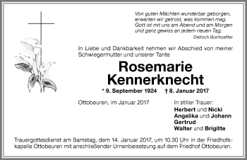 Traueranzeige von Rosemarie Kennerknecht von Memminger Zeitung