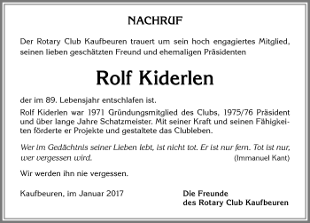 Traueranzeige von Rolf Kiderlen von Allgäuer Zeitung, Kaufbeuren/Buchloe