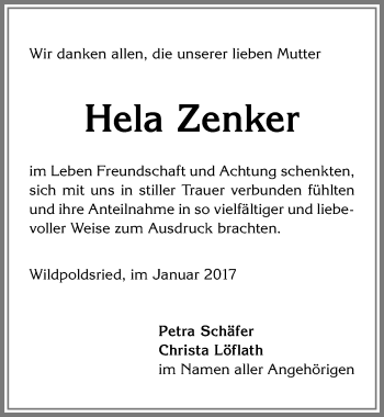 Traueranzeige von Hela Zenker von Allgäuer Zeitung,Kempten