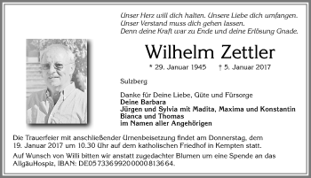 Traueranzeige von Wilhelm Zettler von Allgäuer Zeitung