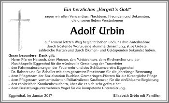 Traueranzeige von Adolf Urbin von Allgäuer Zeitung
