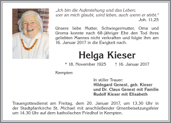 Traueranzeige von Helga Kieser von Allgäuer Zeitung,Kempten