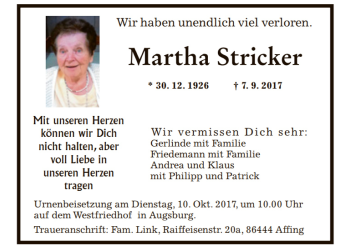Traueranzeige von Martha Stricker 