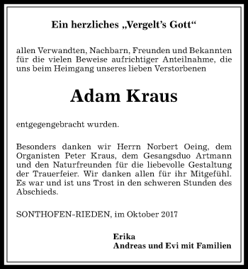 Traueranzeige von Adam Kraus von Allgäuer Anzeigeblatt
