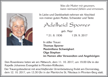 Traueranzeige von Adelheid Sporrer von Allgäuer Zeitung, Füssen