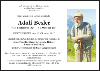 Traueranzeige von Adolf Besler von Allgäuer Anzeigeblatt
