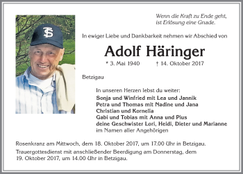 Traueranzeige von Adolf Häringer von Allgäuer Zeitung,Kempten