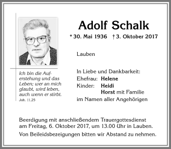 Traueranzeige von Adolf Schalk von Memminger Zeitung