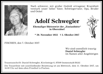 Traueranzeige von Adolf Schwegler von Allgäuer Anzeigeblatt