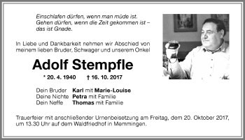 Traueranzeige von Adolf Stempfle von Memminger Zeitung