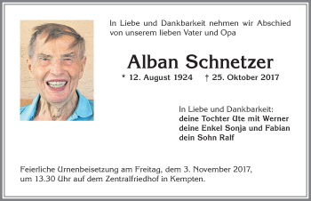 Traueranzeige von Alban Schnetzer von Allgäuer Zeitung,Kempten