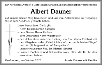Traueranzeige von Albert Dauner von Allgäuer Zeitung, Kaufbeuren/Buchloe