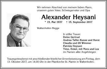 Traueranzeige von Alexander Heysani von Allgäuer Zeitung,Kempten