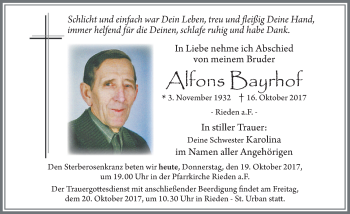 Traueranzeige von Alfons Bayrhof von Allgäuer Zeitung, Füssen
