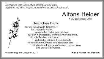 Traueranzeige von Alfons Heider von Allgäuer Zeitung, Füssen