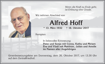 Traueranzeige von Alfred Hoff von Allgäuer Zeitung,Kempten