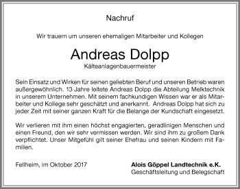 Traueranzeige von Andreas Dolpp von Memminger Zeitung