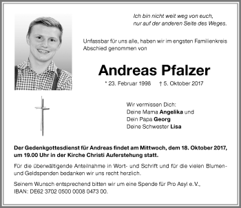 Traueranzeige von Andreas Pfalzer von Memminger Zeitung