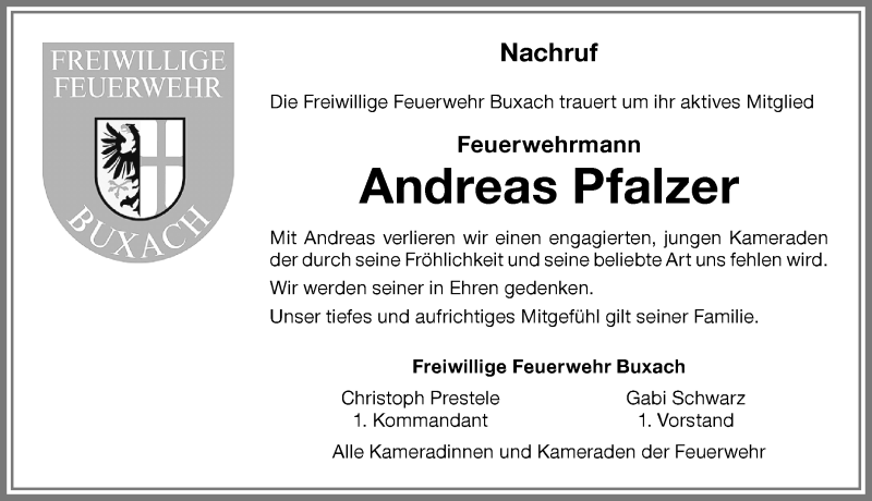  Traueranzeige für Andreas Pfalzer vom 27.10.2017 aus Memminger Zeitung