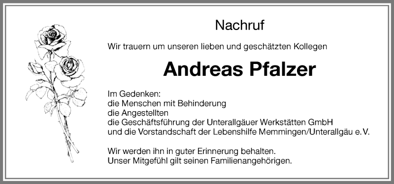  Traueranzeige für Andreas Pfalzer vom 18.10.2017 aus Memminger Zeitung