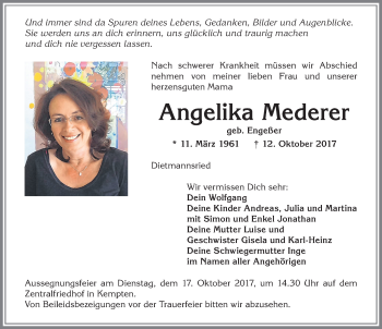 Traueranzeige von Angelika Mederer von Allgäuer Zeitung,Kempten