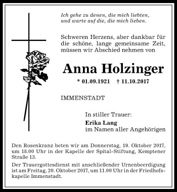 Traueranzeige von Anna Holzinger von Allgäuer Anzeigeblatt