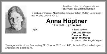 Traueranzeige von Anna Höptner von Memminger Zeitung