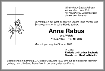 Traueranzeige von Anna Rabus von Memminger Zeitung