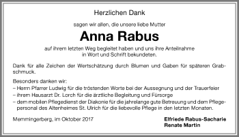 Traueranzeige von Anna Rabus von Memminger Zeitung