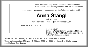Traueranzeige von Anna Stängl von Memminger Zeitung
