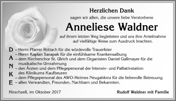 Traueranzeige von Anneliese Waldner von Allgäuer Zeitung, Kaufbeuren/Buchloe