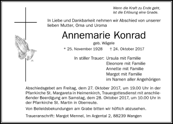 Traueranzeige von Annemarie Konrad von Der Westallgäuer