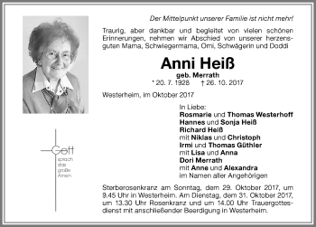 Traueranzeige von Anni Heiß von Memminger Zeitung