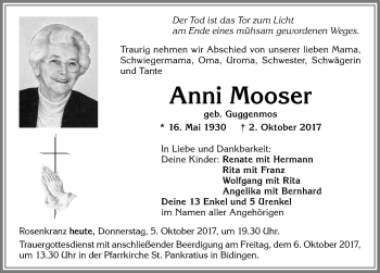 Traueranzeige von Anni Mooser von Allgäuer Zeitung, Marktoberdorf