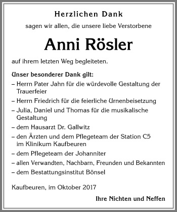 Traueranzeige von Anni Rösler von Allgäuer Zeitung, Kaufbeuren/Buchloe